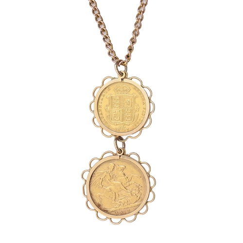 73 - Gold coins. Sovereign 1910 and Half sovereign 1887, gold mounts, suspended from a gold necklace mark... 