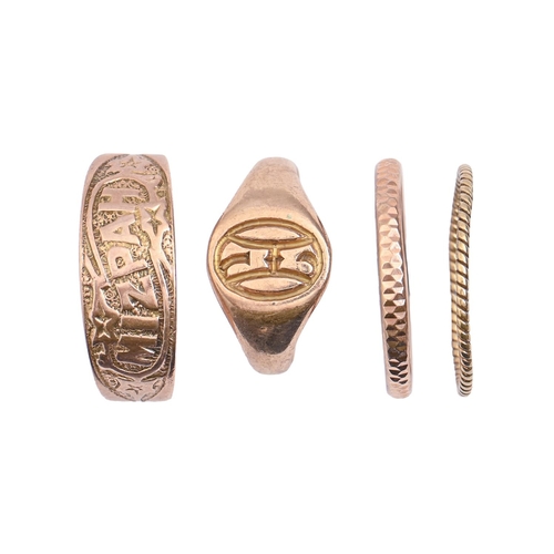 75 - A 9ct gold Mizpah ring, Birmingham 1925, a gold ring marked 9k and a gold rope ring, 6.6g, size I, M... 