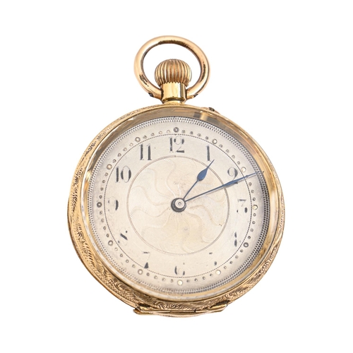 89 - A Swiss 18ct gold keyless lever lady's watch, c1900, with engraved, silvered dial in foliate engrave... 