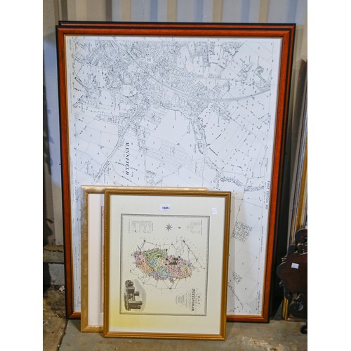 1389 - Three  prints of Ordnance Survey maps of Nottinghamshire scenes, 60 x 101cm, further local maps, etc... 