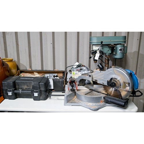 1399 - Tools. A Rolson compound miter saw, further power tools, including Nutool, etc