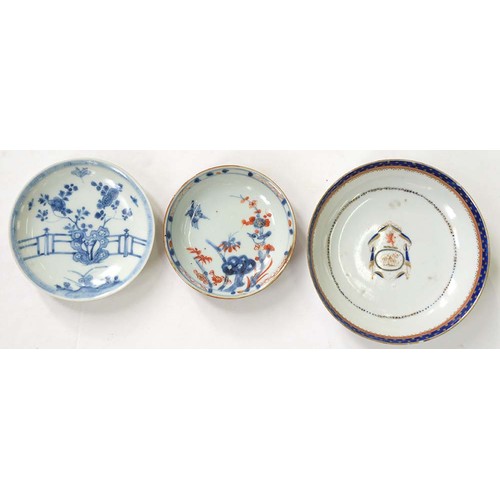 586 - A Chinese export porcelain armorial trio, c1790, enamelled with a crest, initials and blue and gilt ... 