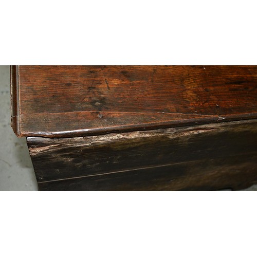 1225 - A George III oak miniature chest, Coffor Bach, with detachable lid and three raised and fielded pane... 