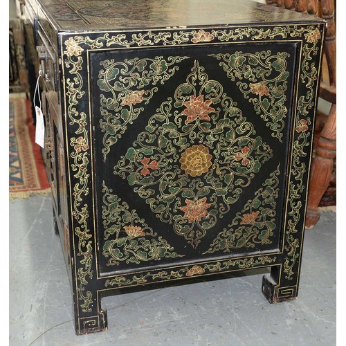 1239 - A South East Asian chinoiserie lacquered low table, late 20th c, fitted with drawers and doors, 50cm... 