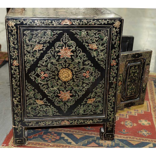 1239 - A South East Asian chinoiserie lacquered low table, late 20th c, fitted with drawers and doors, 50cm... 