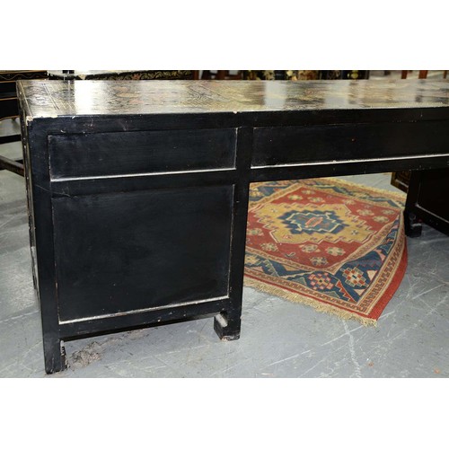 1239 - A South East Asian chinoiserie lacquered low table, late 20th c, fitted with drawers and doors, 50cm... 