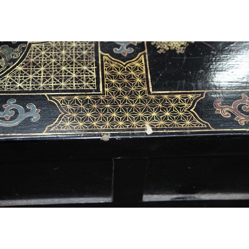 1239 - A South East Asian chinoiserie lacquered low table, late 20th c, fitted with drawers and doors, 50cm... 