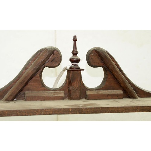 1264 - A set of wall hanging mahogany and stained softwood shelves, 19th c and later, with turned finial to... 