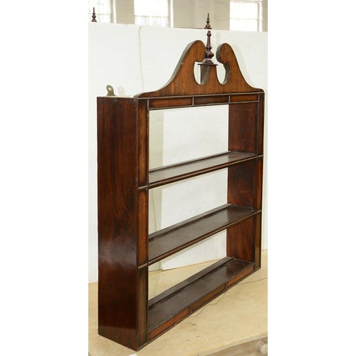 1264 - A set of wall hanging mahogany and stained softwood shelves, 19th c and later, with turned finial to... 