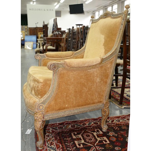 1274 - A French carved painted and gilt Bergere, early 20th c, in Louis XVI style