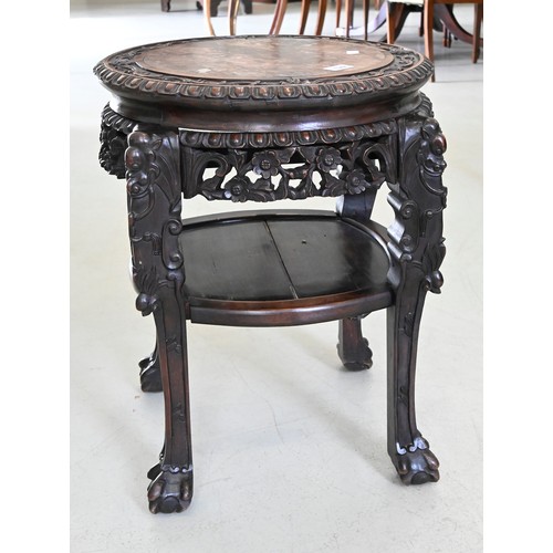 1342 - A Chinese carved hardwood stand, inset marble top and detailed frieze carving, 59cm h; 43cm diam... 