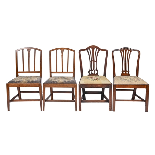 920 - Two and a pair of mahogany and fruitwood dining chairs, 19th c, the pair with carved wheatear splat,... 