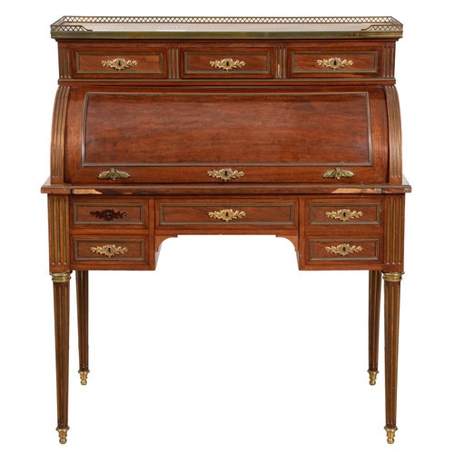 1029 - A French ormolu mounted mahogany bureau a cylindre, c1900, in Louis XVI style, the superstructure wi... 