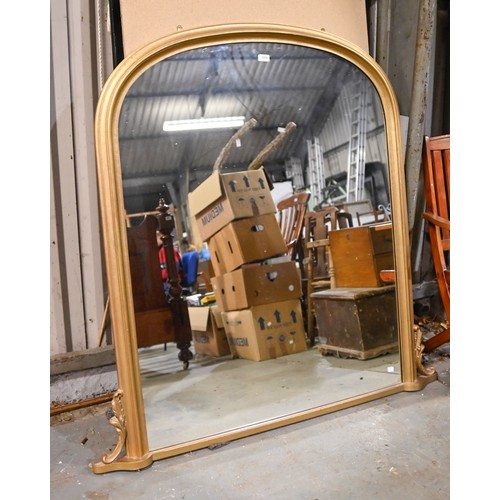 1069 - An arched gold painted wood overmantel mirror, late 20th c, in Victorian style, 137 x 136cm  Provena... 