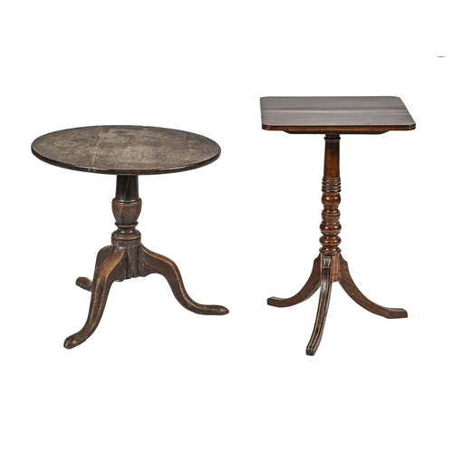 1004 - A George III oak tripod table, reduced in height, 55cm h; 57cm diam and a mahogany tripod table, 19t... 