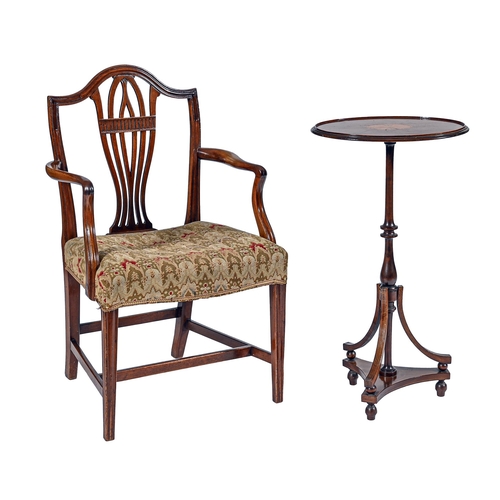 1008 - A mahogany and inlaid stand, early 20th c, with oval top, 84cm h; 34 x 44cm and a George III mahogan... 