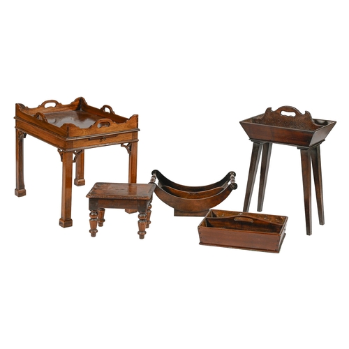 1011 - A George III mahogany cheese coaster, with turned handles, 44cm l, a Victorian oak and mahogany cutl... 