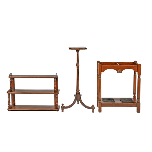 1012 - An Edwardian mahogany umbrella stand, 71cm h; 27 x 54cm, a set of Victorian mahogany hanging shelves... 