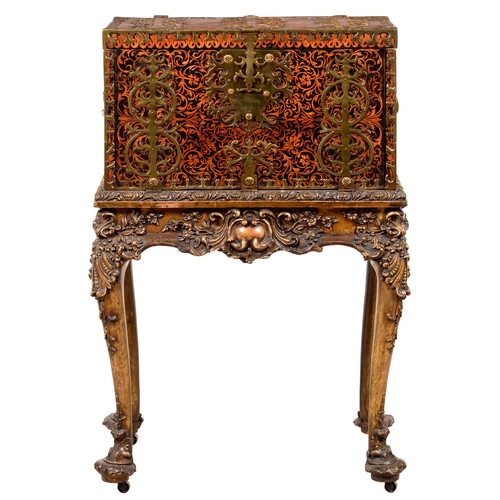 1024 - A William III arabesque marquetry strong box, c1700, of holly and, probably, rosewood, bound by elab... 
