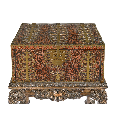 1024 - A William III arabesque marquetry strong box, c1700, of holly and, probably, rosewood, bound by elab... 