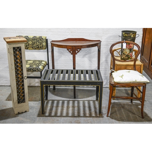 1054 - Miscellaneous furniture, including Edwardian mahogany salon chair, a painted wood luggage rack, bamb... 