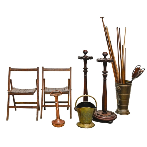 1070 - Miscellaneous items, including a pair of folding teak chairs, copper coal scuttle, copper stick stan... 