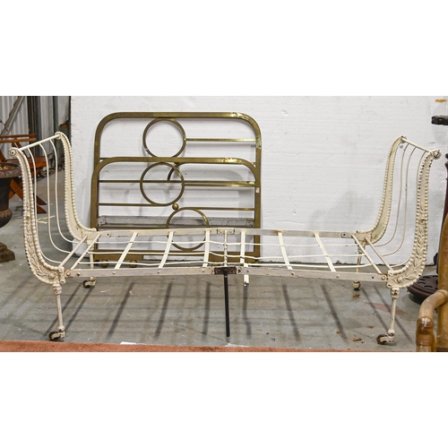 1084 - A Victorian white painted iron folding bed frame, 82cm w and later brass bed ends, 106cm w... 