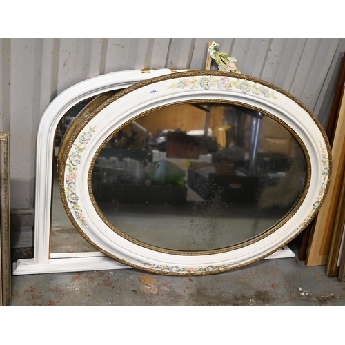 1086 - An oval polychrome and giltwood and composition mirror, 19th c, 104cm and an over mantel mirror (2)... 