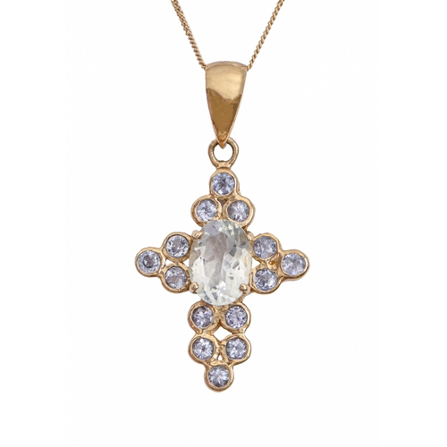 219 - A tanzanite and aquamarine pendant, in gold, 20mm, gold necklet, 1.8g