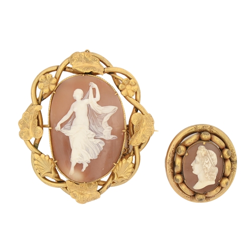 284 - Two cameo brooches, late 19th c, mounted in giltmetal, 61mm and smaller, 32g