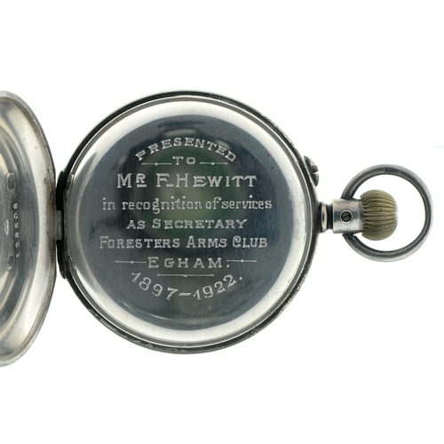 291 - A silver keyless lever watch, with three quarter plate movement, silver cuvette, 51mm diam, Birmingh... 