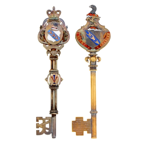 346 - Two Victorian silver gilt and enamel ceremonial keys, engraved with presentation inscriptions to Col... 