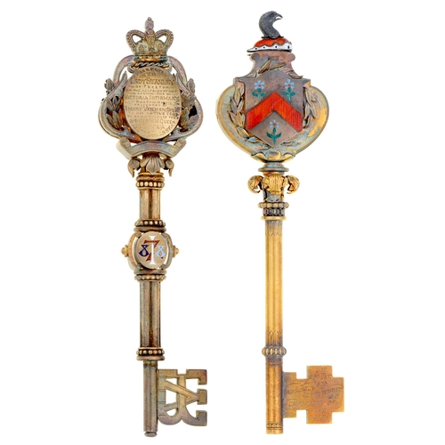 346 - Two Victorian silver gilt and enamel ceremonial keys, engraved with presentation inscriptions to Col... 