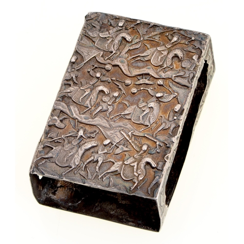 351 - A South East Asian silver repousse matchbox slide, early 20th c, the reverse engraved with bamboo an... 