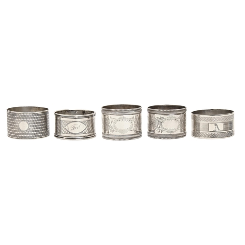 418 - Three George V and George VI silver napkin rings, various makers, 2ozs and a pair of Victorian EPNS ... 