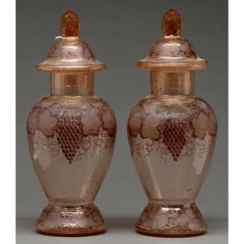 466 - A pair of enamelled crisselled glass vases and covers, early 20th c, painted with grapes, 40cm h... 