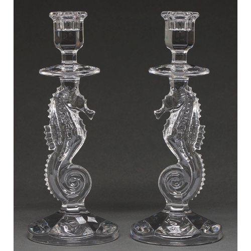 467 - A pair of Waterford glass seahorse candlesticks, late 20th c, 29cm h, etched mark