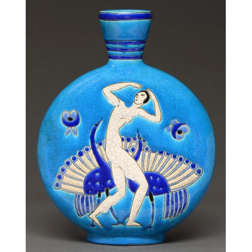 493 - An Art Deco Primavera earthenware moon flask, c1930, 29cm h, printed shield and dotted circle PRIMAV... 