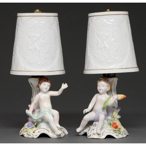 503 - A pair of German porcelain figural lamps and shades, late 20th c, 24cm h