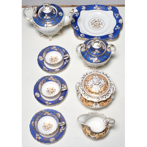 533 - Staffordshire porcelain tea ware, mid-19th c, comprising teapot, three teacups and saucers, and two ... 