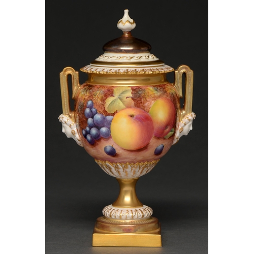 537 - A Royal Worcester vase and cover, c1970, painted by M Morris, signed, with continuous fruit, 21cm h,... 