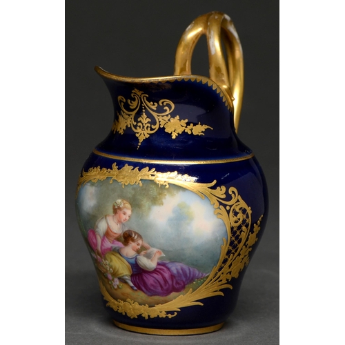 553 - A French porcelain baluster cabaret jug, 19th c, painted with 18th c ladies, blue royale ground with... 