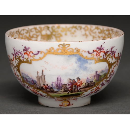 554 - A Meissen Kauffahrtei tea bowl, c. 1740, painted in the manner of Herold with two harbour scenes, th... 