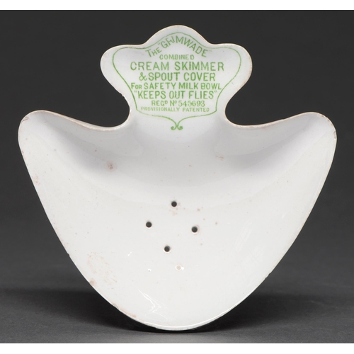 567 - Dairy antiques. A Grimwade's earthenware combined cream skimmer & spout cover for the Safety Mil... 