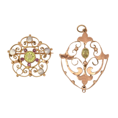 60 - A peridot, ruby and mother of pearl openwork brooch, c1910, in gold, 25mm, marked 9ct and a peridot ... 