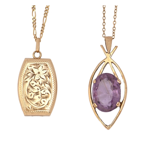 61 - An amethyst pendant, in 9ct gold, 34mm h, London 1977, a 9ct gold tonneau locket and two gold neckle... 