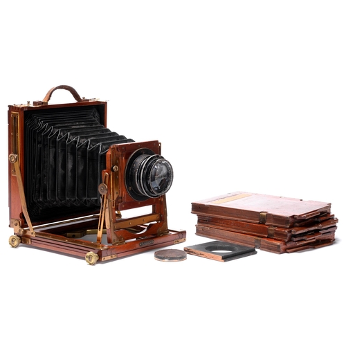 618 - A National mahogany and brass field camera, c1900, half plate, with Ross (Zeiss Patent) F4.5 lens an... 
