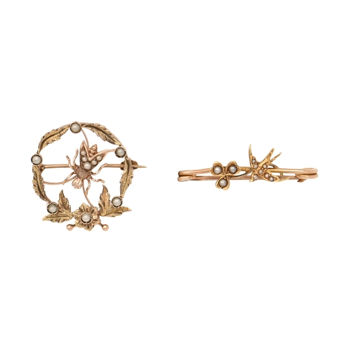 62 - A split pearl and two colour gold fly brooch, early 20th c, 23mm and a similar swallow safety pin in... 