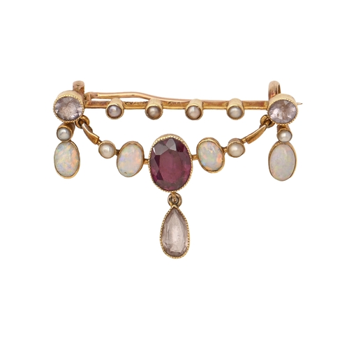 63 - An amethyst, opal, split pearl and white stone articulated festoon brooch, c1910, in gold, by Murle,... 