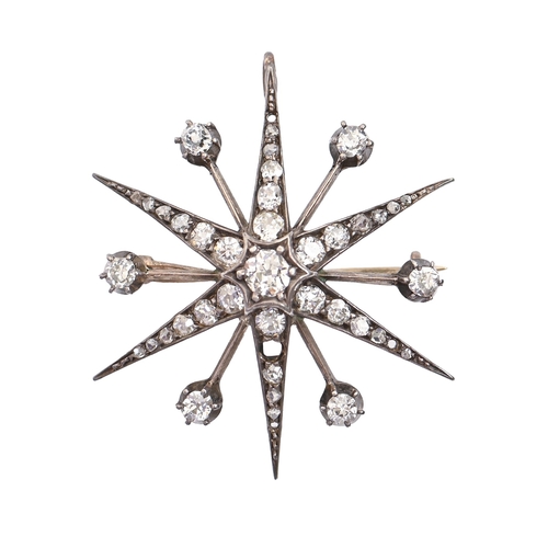 73 - A Victorian diamond star brooch-pendant, mounted in silver and gold, de-mountable, 33mm, 5.3g... 